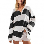 Naiste dressipluus Colorblock triibuline lahtik&auml;iv krae, pikkade varrukatega n&ouml;&ouml;bid, vaba pullover, vabaaja kodur&otilde;ivad S must