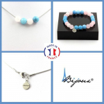Pierres et Min&eacute;raux. Parure bijoux Bracelet Collier 4 Perles Calc&eacute;doine bleu + Quartz rose Taille personnalisable.