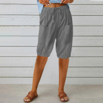 Caprise naiste p&uuml;ksid, linased poolp&uuml;ksid, k&otilde;rge v&ouml;&ouml;kohaga vabaaja l&uuml;hikesed p&uuml;ksid, n&ouml;&ouml;riga p&otilde;lvepikkus taskutega L