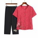 Mom's Summer Clothing: Two-Piece Suit - Short-Sleeved, Round Neck Cardigan & Printed Top for Middle-Aged and Elderly Women XL