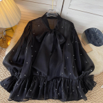 Premium Sense of Niche Design Sense Beading Bow Flare Sleeve S&auml;rk Naiste s&uuml;gisr&otilde;ivad Kuulsuste temperament s&auml;rk one size
