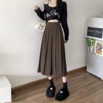 Pikk plisseeritud seelik Naiste vanamoodne korea mood, soliidne k&otilde;rge v&ouml;&ouml;kohaga A-joonega Midi seelik koolit&uuml;drukule Elegantne vabaaja s&uuml;gisene XL