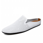 Nahast meeste mokassiinid suvised kerged poolkingad meestele &otilde;ues kasutamiseks, k&auml;sit&ouml;&ouml;na valminud disainermuulad, mokassiinid, rannasussid, pluss-suurus 45 41 valge