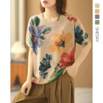 Harajuku Retro Naiste Suvine S&uuml;gis Mood Riided Vintage lillemustriga &uuml;mmargune kaelus Poolvarrukad kootud kampsunid Daami lahtised pulloverid 3XL