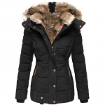 Naiste kunstkarusnahast kraega puuvillase voodriga talvejope - Slim Fit, kapuutsiga, pikkade varrukatega mantel M