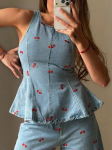 Naiste Varrukateta Peplum Kirsiga Tikitud Denim Kaheosaline Komplekt Lahtine Sirge L&otilde;ikega Pikk P&uuml;ks T&auml;navamood Vabaaja Komplekt S