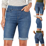 Naiste Elastsed K&otilde;rge V&ouml;&ouml;koht Rullitud &Auml;&auml;rega Bermuda Denim L&uuml;hikesed P&uuml;ksid Slim Fit Taskutega P&otilde;lvepikkused Jean L&uuml;hikesed P&uuml;ksid Vabaaja Streetwear L&uuml;hikesed P&uuml;ksid S tumesinine