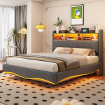 Ujuv disainiga polsterdatud voodi 140*200 linasest kangast, multifunktsionaalne panipaiguga voodi LED-valgusti, USB ja TYPE-C liidesega, hall 211.5 x 140 x 110.5 cm hall