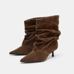 Talvised Uued Naiste Saapad Volditud Naiste Pahkluusaapad Retro Pruunid Peosaapad Elegantne K&otilde;rge Kontsaga Terava Ninaga Suede Saapad Naistele 35 black