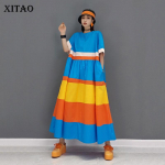 XITAO Contrast Color Suur Suur Kleit Mood Uus Lahtised Voldid Splicing Lihtsus O-kaelusega kaelarihm vabaaja naiste CLL1248 One Size sinine