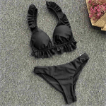 Kortsidega volangidega bikiinid naiste ujumistrikoo, naiste ujumisriided, kaheosaline bikiinikomplekt keskmise v&ouml;&ouml;kohaga ujumiskost&uuml;&uuml;m S must