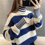 Triibuline kilpkonnaga sviiter naistele s&uuml;gis-talvine vaba &otilde;ues Korea mitmek&uuml;lgne kuduv kampsun, pullover naiste mantel One Size sinine