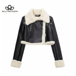 Retro k&otilde;rge v&ouml;&ouml;kohaga l&uuml;hike nahkjakk naiste talveks Uus pl&uuml;&uuml;s ja paksendatud pikkade varrukatega mantel v&auml;ikesele t&uuml;drukule XS must