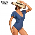 Charmleaks Sexy Deep V kaelakaitse&uuml;likond &uuml;hev&auml;rviline &uuml;hes t&uuml;kis naiste ujumisriided l&uuml;hikeste varrukatega vanni&uuml;likond Monkini L beebi sinine v&auml;rv