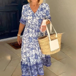 Boho prindiga kleit naiste suvine pikk kleit Naiste moodne V kaelusega poolvarrukatega kleit naistele avar ja suur rannapeokleit 5XL sinine