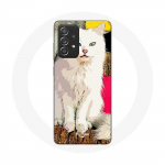 &Uuml;mbris Samsung Galaxy A52 siniste ja kollaste silmadega T&uuml;rgi kaubiku valgele kassile