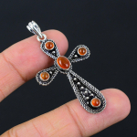 Natural Orange Carnelian Handmade 925 Sterling Silver Cross Pendant 2.10 r1a05