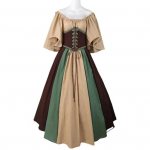 Vanaaegne naiste kleit, lendav varrukas, kontrastset v&auml;rvi A-joon, suur &auml;&auml;ris, &otilde;huke v&ouml;&ouml;koht, plisseeritud pitsrihm Halloweeni peo cosplay kost&uuml;&uuml;mipidu 2XL khaki