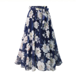 Suures suuruses prinditud lilleline seelik Naiste suvine lahtine elastne k&otilde;rge v&ouml;&ouml;kohaga &scaron;ifoonist midiseelikud, pitsiline kaar L-5XL Swing Jupe Femme 5XL sinine