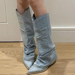 Naiste Voltidega Sinised Denim Reieni Ulatuvad Saapad S&uuml;gis Paksude Kontsadega Terava Ninaga Cowboy Saapad Naiste Libisevad L&auml;&auml;nelikud Pikad Saapad 42 sinine