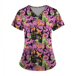 Suures suuruses tr&uuml;kitud Scrub t&ouml;&ouml;vormi topid Naistele V-kaelusega Halloweeni tr&uuml;kiga l&uuml;hikeste varrukatega l&otilde;busad T-s&auml;rgid taskutega t&ouml;&ouml;riiete T-s&auml;rk XL