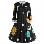 Naiste vintage kaelusega Planet Print A-Line Flare peokleit XL