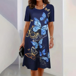 Lady Fashion pikad kleidid Meeldiva kaelusega vabaaja vaba elegantne 3D lilledega tr&uuml;kitud l&uuml;hikeste varrukatega keskmise pikkusega seelikud suveks ja s&uuml;giseks 6XL