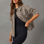 Naiste venivast denimist jakk pikkade varrukatega teksajakk veoautojuhi jakk taskuga L khaki