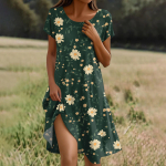 L&uuml;hikeste varrukatega boheemlaslik kleit naistele, vabaaja ja lahtise l&otilde;ikega suvine suviline lilleline kleit taskutega XXL tumeroheline v&auml;rv