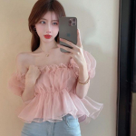 Chic French Puff Sleeve Off-Shoulder Sweetheart Top L roosa