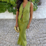 Naiste Vabaaja Varrukateta Peo 2-osaline Kost&uuml;&uuml;m Puuvillane Linane &Uuml;hev&auml;rviline Slim Seelik R&otilde;ivad Seksikas V-kaelus Paeltega &Otilde;&otilde;nes &Uuml;laosa & Pikk Seelik Komplekt S khaki