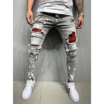 Meeste mood Rebenenud Teksad P&uuml;ksid Ruuduline Kontrast K&otilde;rge Elastne Stretch Denim Teksad Vabaaja p&uuml;ksid P&uuml;ksid XXXL hall
