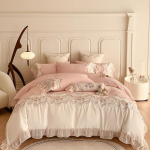 1000TC Egiptuse puuvillast romantiline prantsuse printsessi voodipesukomplekt roosi tikandiga pitsiliste volangidega tekikott voodilina padjap&uuml;&uuml;rid Flat Bed Sheet&Queen 200X230cm 4pcs