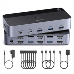 UGREEN HDMI KVM 2 2 2 2 4 USB-pordiga 2 seadme ja printeri jagamiseks 2 arvuti vahel, sisaldab 4 HDMI-d, 2 USB-d, toiteallikat ja kontrollerl&uuml;litit, 4K@60Hz, monitoride jaoks, must