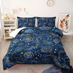 T&auml;hetaeva tekikottide komplekt - Pehme sinine interstellari tr&uuml;kiga tepitud voodipesu 1 tekikoti ja 2 padjap&uuml;&uuml;riga, kuldsete t&auml;htede muster Eu Twin 135x200cm