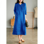 Kevadsuvine linane Viieveerandvarrukatega L&auml;&auml;ne stiilis vananev kleit Naistele vabaaja retro orelivoldid V-kaelusega &otilde;huke p&otilde;lvedeni L