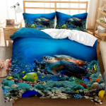 Hai voodipesukomplekt King Size t&uuml;drukutele poistele Tropical Marine Life Ookeani kala merikilpkonn vikerkaarev&auml;rviline korallist pol&uuml;ester tekikott 135x200cm