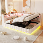 Multifunktsionaalne polsterdatud voodi Diivanvoodi 140 &times; 200 cm, H&uuml;draulilise hoiuruumiga, LED-valgusriba, USB ja Type-C laadimisportidega, Sametkangas Beež 217 x 155.5 x 85 cm beež