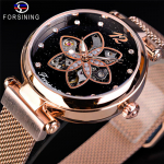 Forsining Fashion Starry Petal mehaaniline k&auml;ekell Naiste elegantne automaatkella kaubam&auml;rgiga k&auml;ekell roosa kuldne v&auml;rv
