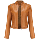 Naiste kunstnahast jope K&auml;rbitud t&otilde;mblukuga Mootorratta l&uuml;hike PU Moto Biker Outwear Sisseehitatud &otilde;huke ja taskutega mantel Stiilne needid Punk Rock Fashion bleiser L kaamel