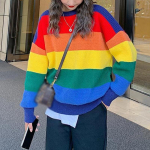 Hirsionsan Rainbow triibuline silmkoeline kampsun Naiste vabaaja kontrastsusega kaelusega pulloverid Naiste avara pikkade varrukatega magus kampsun Uus one size