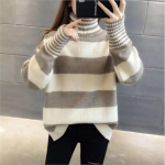 Triibuline kilpkonnaga sviiter naistele s&uuml;gis-talvine vaba &otilde;ues Korea mitmek&uuml;lgne kuduv kampsun, pullover naiste mantel One Size khaki