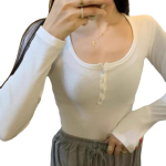 Retro n&ouml;&ouml;bid V-kaelusega pikkade varrukatega ribiga kootud T-s&auml;rk naiste varas&uuml;gis &otilde;hukesed &otilde;hukesed t-s&auml;rk S valge