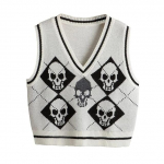 Gooti kootud kampsun Vest Skull Argyle tr&uuml;kimustriga kudum V-kaelusega pullover Moodsad džemprid Naiste Halloweeni t&auml;navar&otilde;ivad XL valge