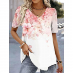 Naiste T-s&auml;rk Tee lilleline p&uuml;hade n&auml;dalavahetus valge heleroheline roosa tr&uuml;kiga l&uuml;hikeste varrukatega, tavaline V kaelus S