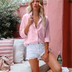 Kevadsuvised topid Naiste &uuml;hev&auml;rviline puuvillane linane s&auml;rk, n&ouml;&ouml;pn&ouml;&ouml;biga, pikkade varrukatega avara pluus L roosa