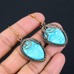 Natural Blue Cameo Face Gemstone Handmade Copper Wire Wrap Earring 2.36 e3e16