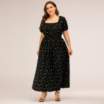 T&auml;pimustriline pikk kleit naistele Ruudukujuline kaelus L&uuml;hikesed varrukad K&otilde;rge v&ouml;&ouml;koht Suvine maksikleit Elegantne Hingav Kerge Puhkus Rannik T&ouml;&ouml; Plus Size Kleit 1XL must