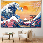 Oranž P&auml;ike ja Lained Gobel&auml;&auml;n Seinaripp Boheemlaste koomiks Kawaii Minimalistlik kunst Elutuba Magamistoa Kodukaunistus 95x73CM