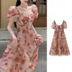 QICED Ilus haldja teepaus Apelsini lill ruudukujuline krae k&otilde;rge v&ouml;&ouml;kohaga lilleline kleit Naistele suvine prantsuse stiilis &scaron;ifoonist printsessi pikk seelik S